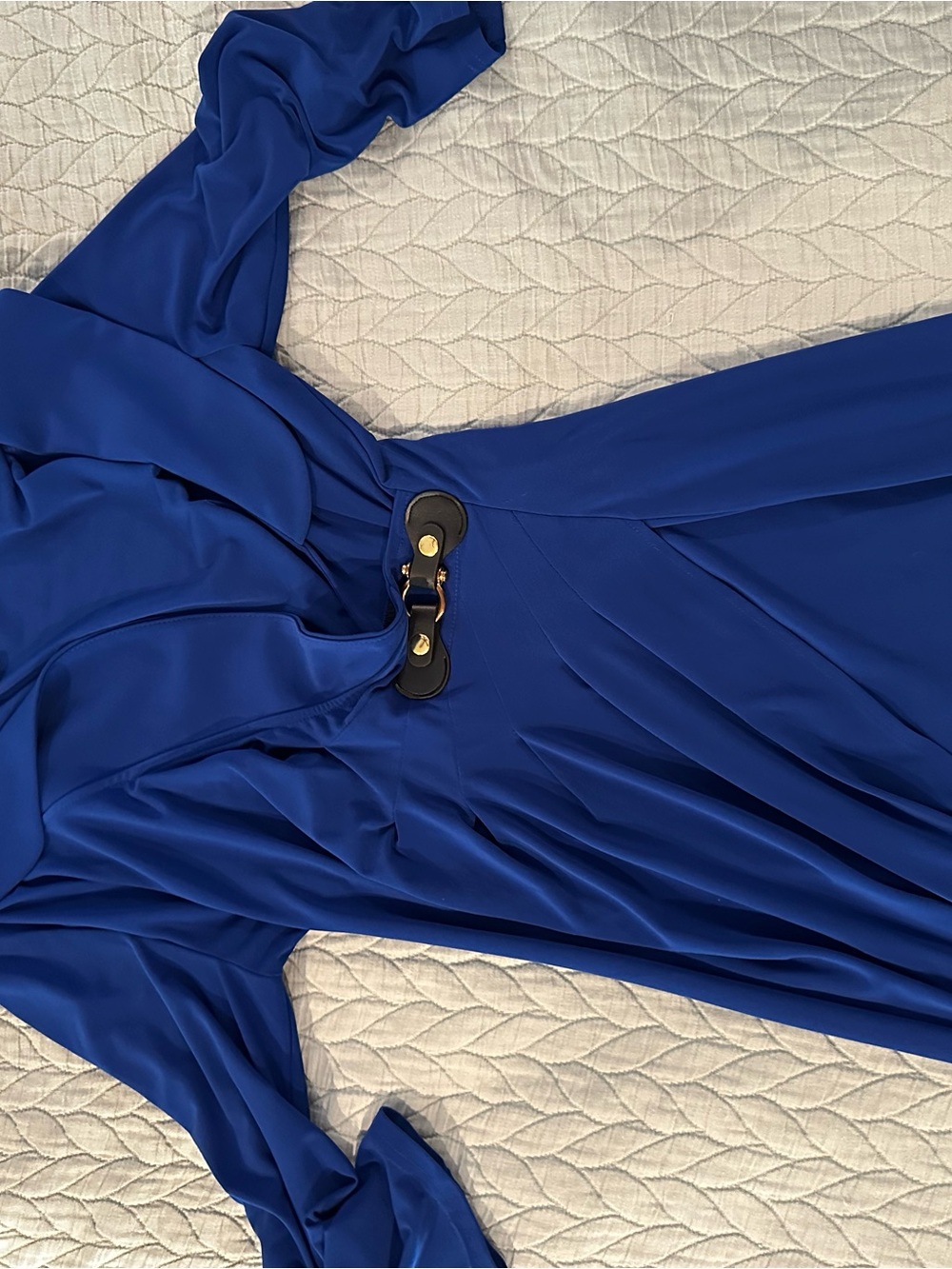 Elegant Royal Blue Long Sleeve Wrap Style Dress with Decorative Buckle